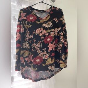 Well Worn Floral Black V neck Long Sleeve Women's Top